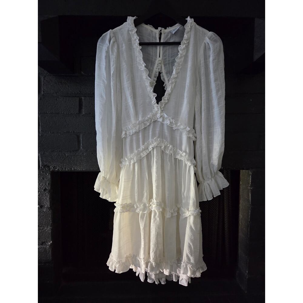 White Dainty Ruffle Tiered Long Sleeve Deep V Keyhole back Mini Dress M
